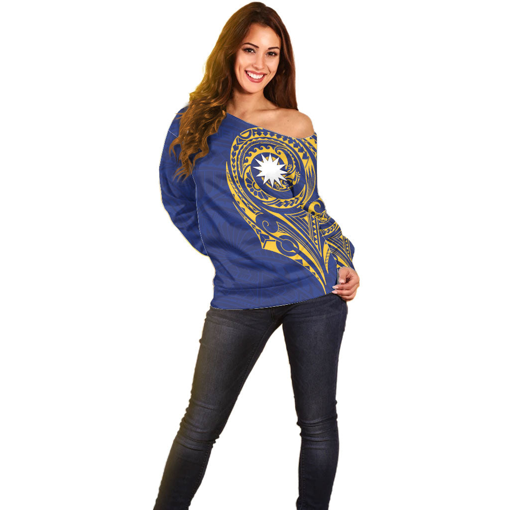 Personalised Nauru Angam Day Off Shoulder Sweater Gold Navy Tribal Pattern