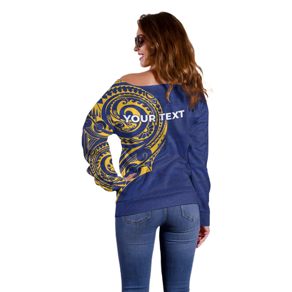 Personalised Nauru Angam Day Off Shoulder Sweater Gold Navy Tribal Pattern