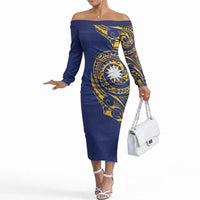 Personalised Nauru Angam Day Off The Shoulder Long Sleeve Dress Gold Navy Tribal Pattern