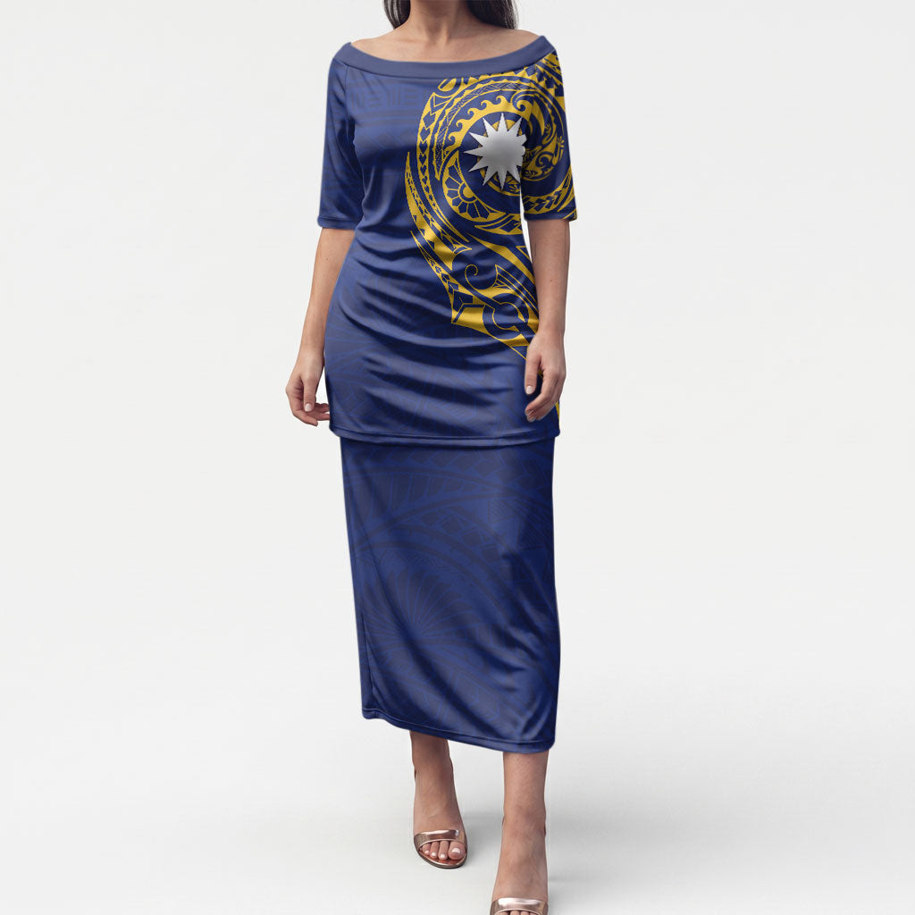 Personalised Nauru Angam Day Puletasi Gold Navy Tribal Pattern