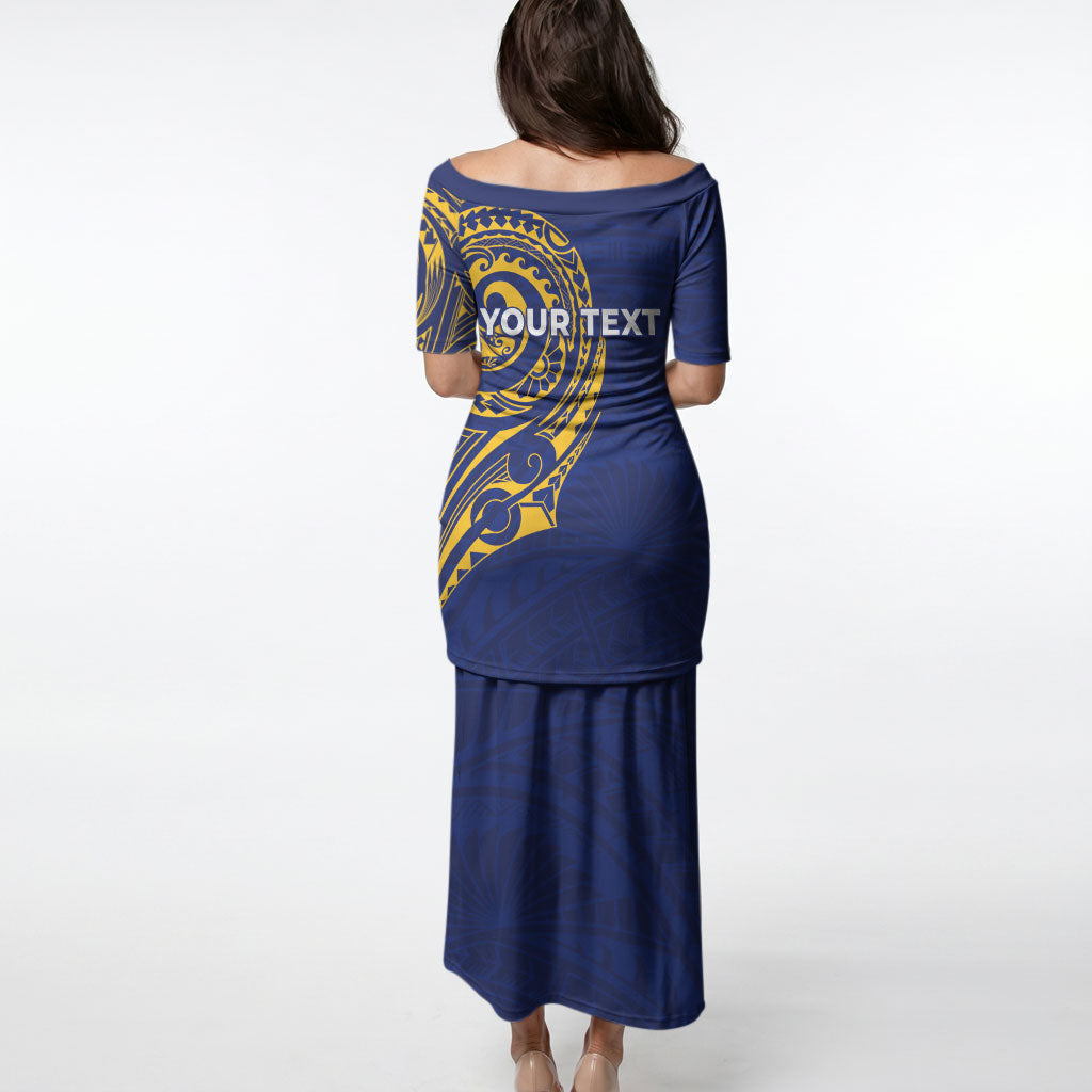 Personalised Nauru Angam Day Puletasi Gold Navy Tribal Pattern