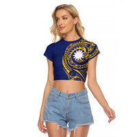 Personalised Nauru Angam Day Raglan Cropped T Shirt Gold Navy Tribal Pattern
