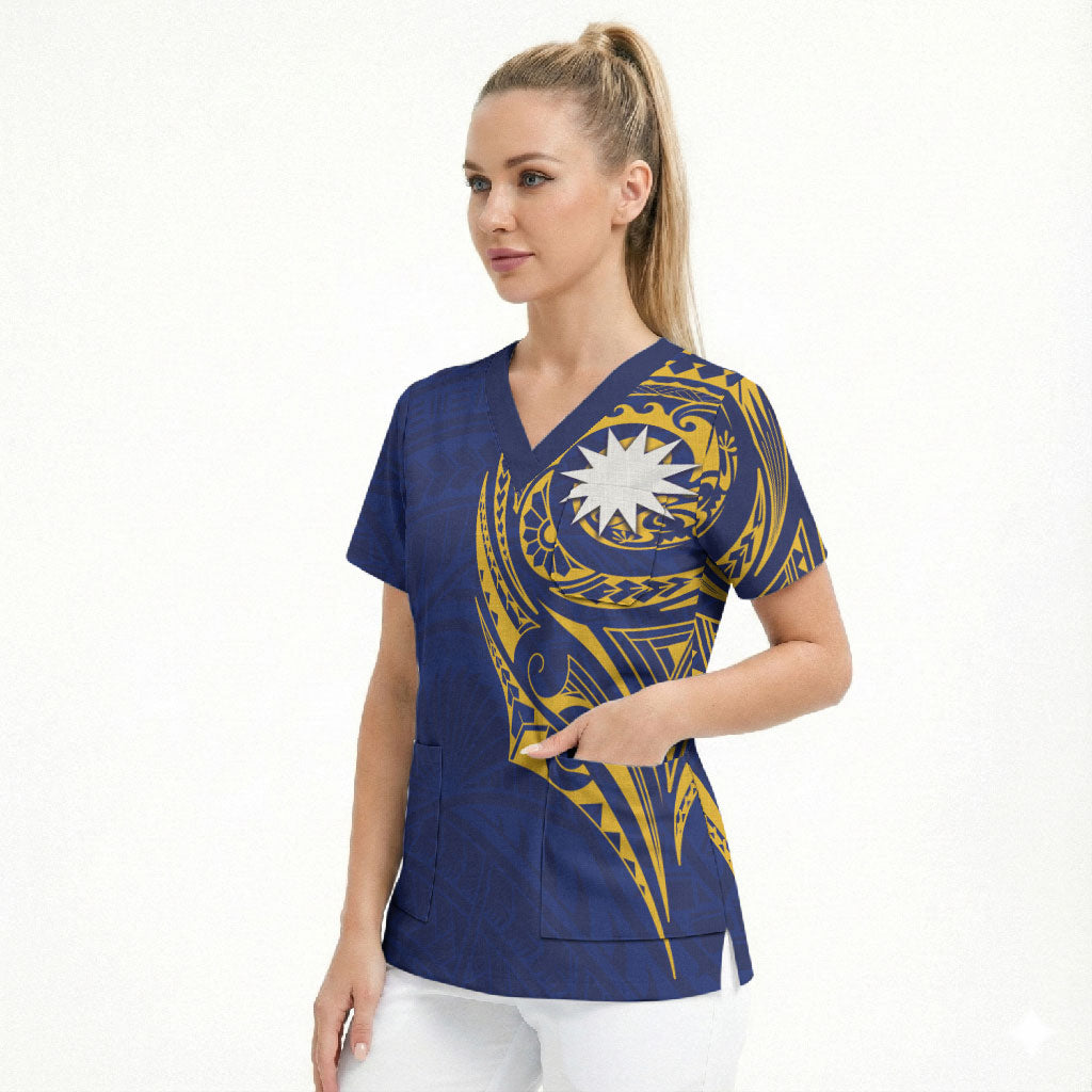 Personalised Nauru Angam Day Scrub Top Gold Navy Tribal Pattern