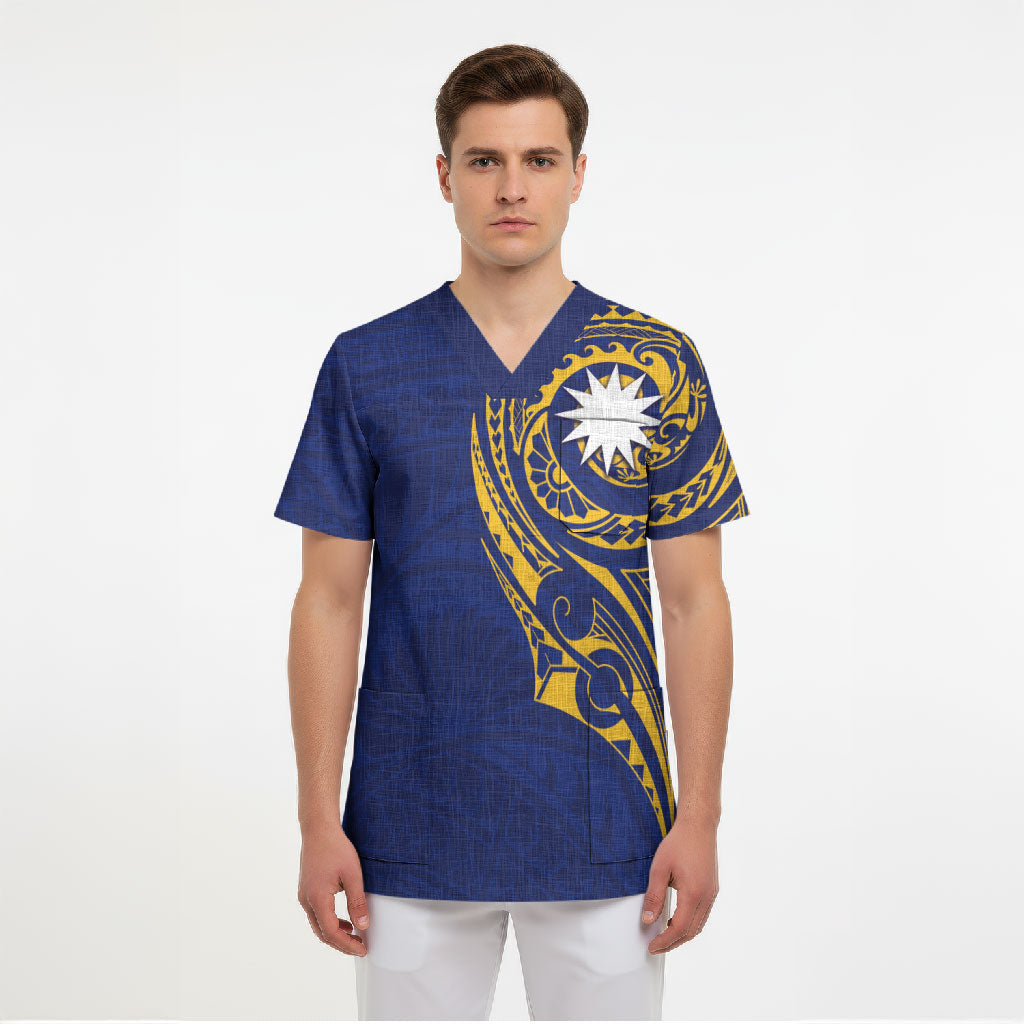 Personalised Nauru Angam Day Scrub Top Gold Navy Tribal Pattern
