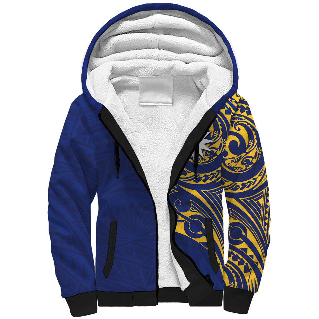 Personalised Nauru Angam Day Sherpa Hoodie Gold Navy Tribal Pattern
