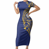 Personalised Nauru Angam Day Short Sleeve Bodycon Dress Gold Navy Tribal Pattern