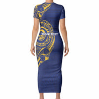 Personalised Nauru Angam Day Short Sleeve Bodycon Dress Gold Navy Tribal Pattern