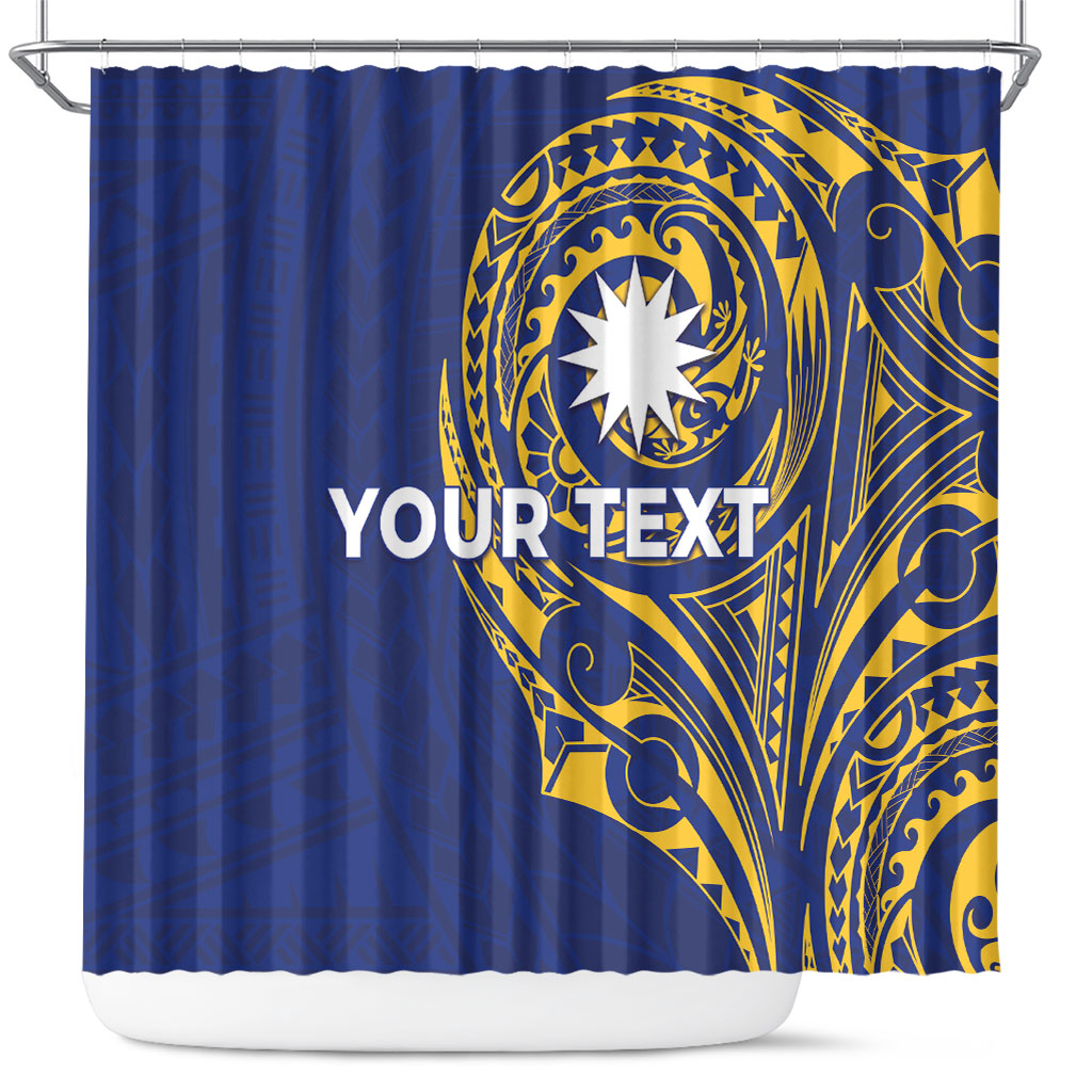 Personalised Nauru Angam Day Shower Curtain Gold Navy Tribal Pattern