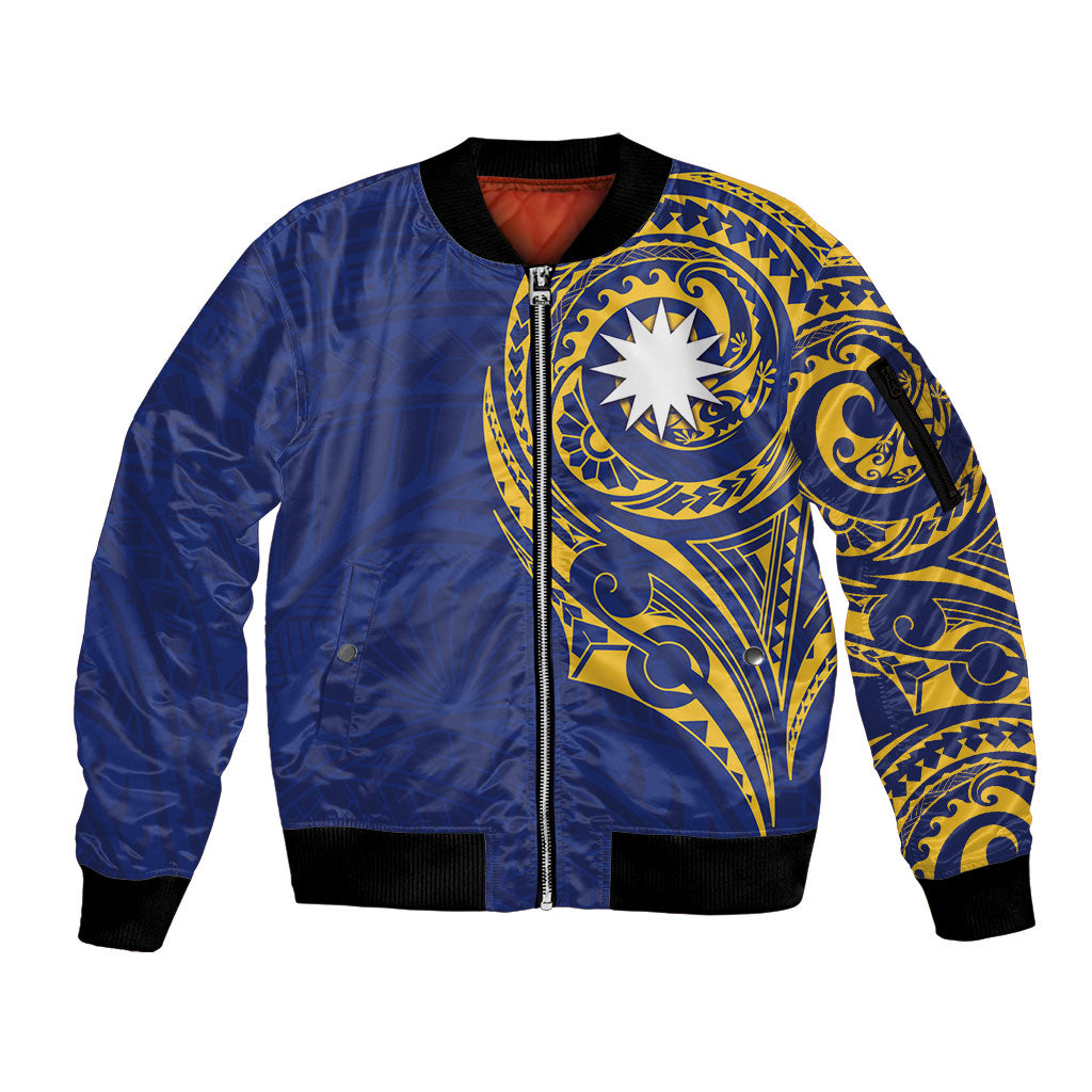 Personalised Nauru Angam Day Sleeve Zip Bomber Jacket Gold Navy Tribal Pattern
