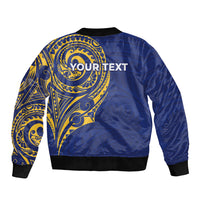 Personalised Nauru Angam Day Sleeve Zip Bomber Jacket Gold Navy Tribal Pattern