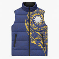 Personalised Nauru Angam Day Sleeveless Puffer Jacket Gold Navy Tribal Pattern