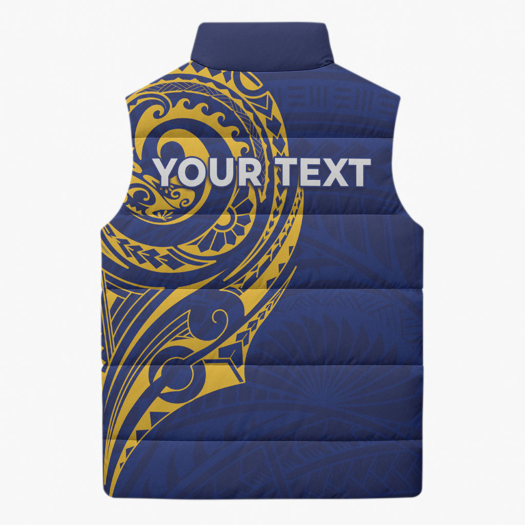 Personalised Nauru Angam Day Sleeveless Puffer Jacket Gold Navy Tribal Pattern