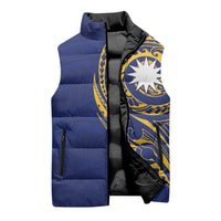 Personalised Nauru Angam Day Sleeveless Puffer Jacket Gold Navy Tribal Pattern
