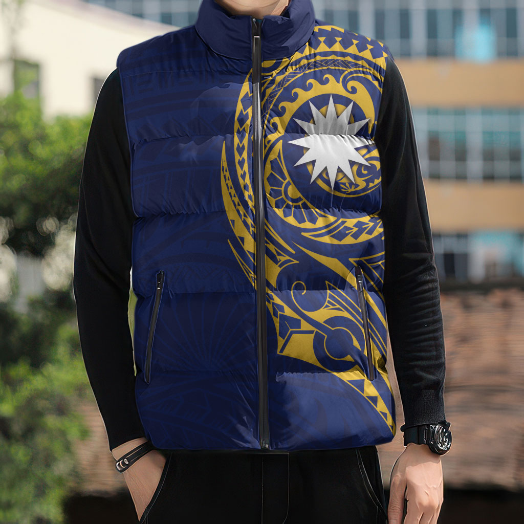 Personalised Nauru Angam Day Sleeveless Puffer Jacket Gold Navy Tribal Pattern