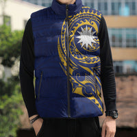 Personalised Nauru Angam Day Sleeveless Puffer Jacket Gold Navy Tribal Pattern
