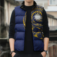 Personalised Nauru Angam Day Sleeveless Puffer Jacket Gold Navy Tribal Pattern