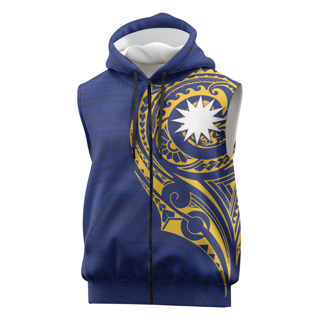 Personalised Nauru Angam Day Sleeveless Zip Hoodie Gold Navy Tribal Pattern