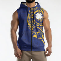 Personalised Nauru Angam Day Sleeveless Zip Hoodie Gold Navy Tribal Pattern