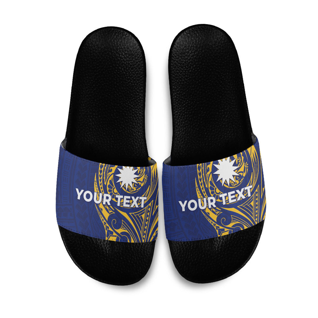Personalised Nauru Angam Day Slide Sandals Gold Navy Tribal Pattern