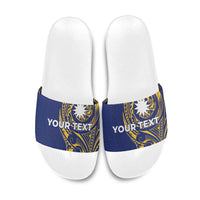 Personalised Nauru Angam Day Slide Sandals Gold Navy Tribal Pattern