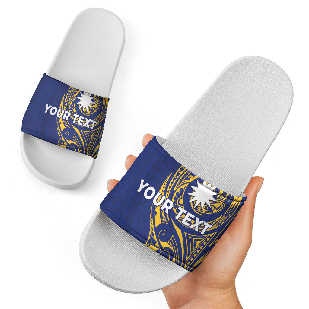 Personalised Nauru Angam Day Slide Sandals Gold Navy Tribal Pattern