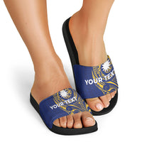 Personalised Nauru Angam Day Slide Sandals Gold Navy Tribal Pattern
