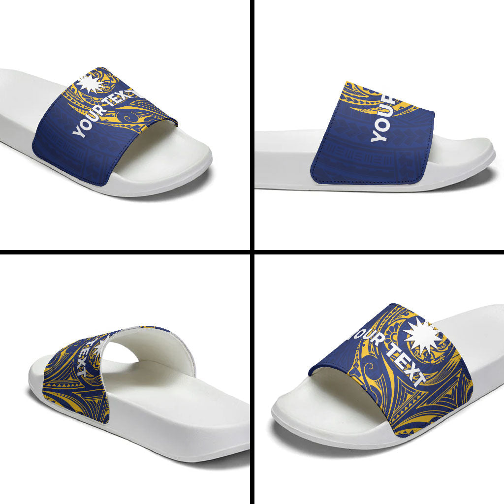 Personalised Nauru Angam Day Slide Sandals Gold Navy Tribal Pattern
