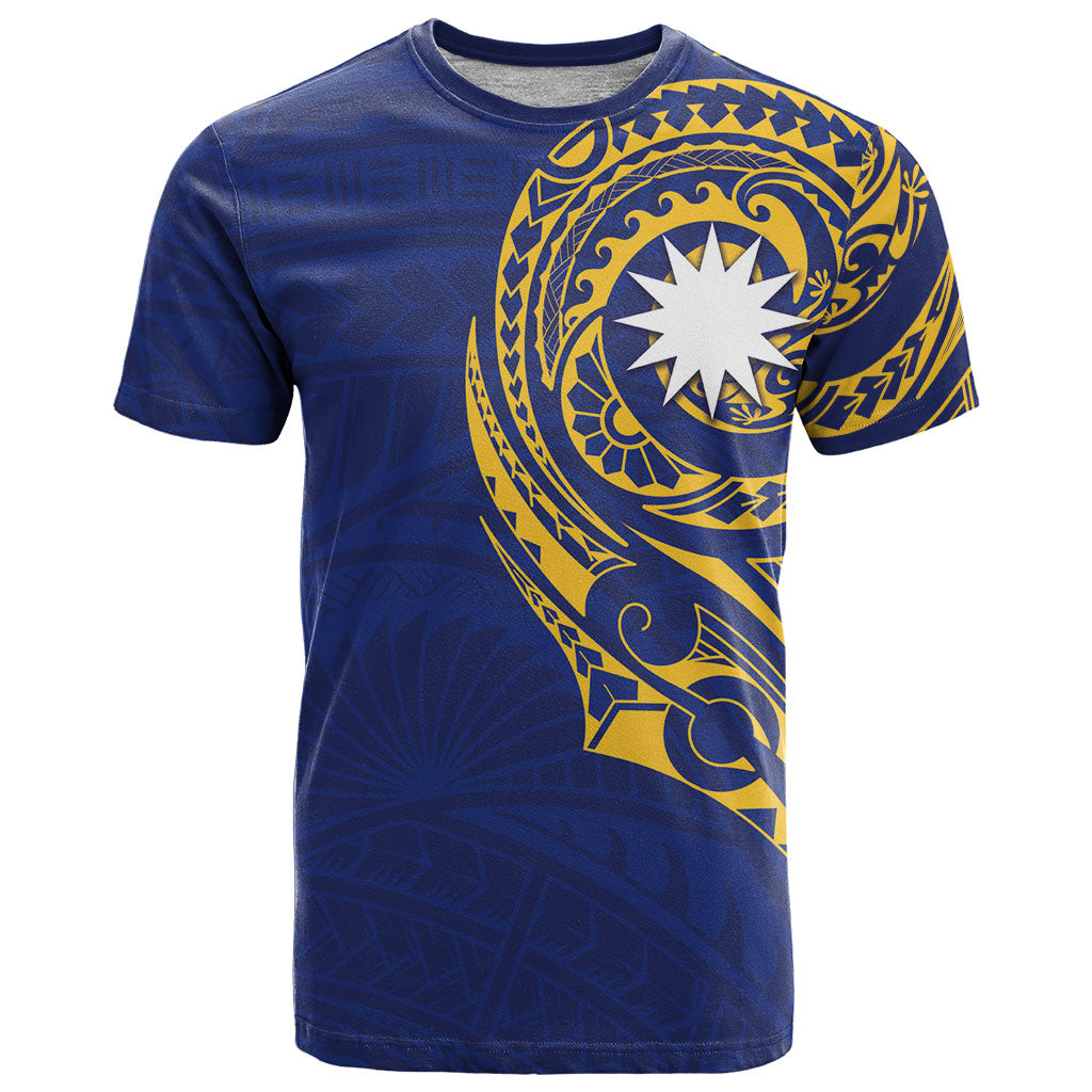 Personalised Nauru Angam Day T Shirt Gold Navy Tribal Pattern
