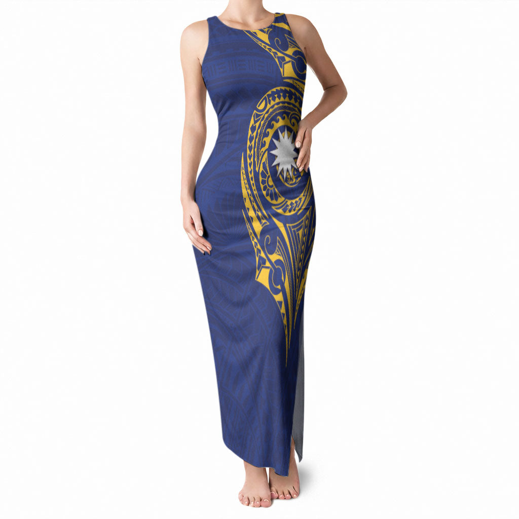 Personalised Nauru Angam Day Tank Maxi Dress Gold Navy Tribal Pattern