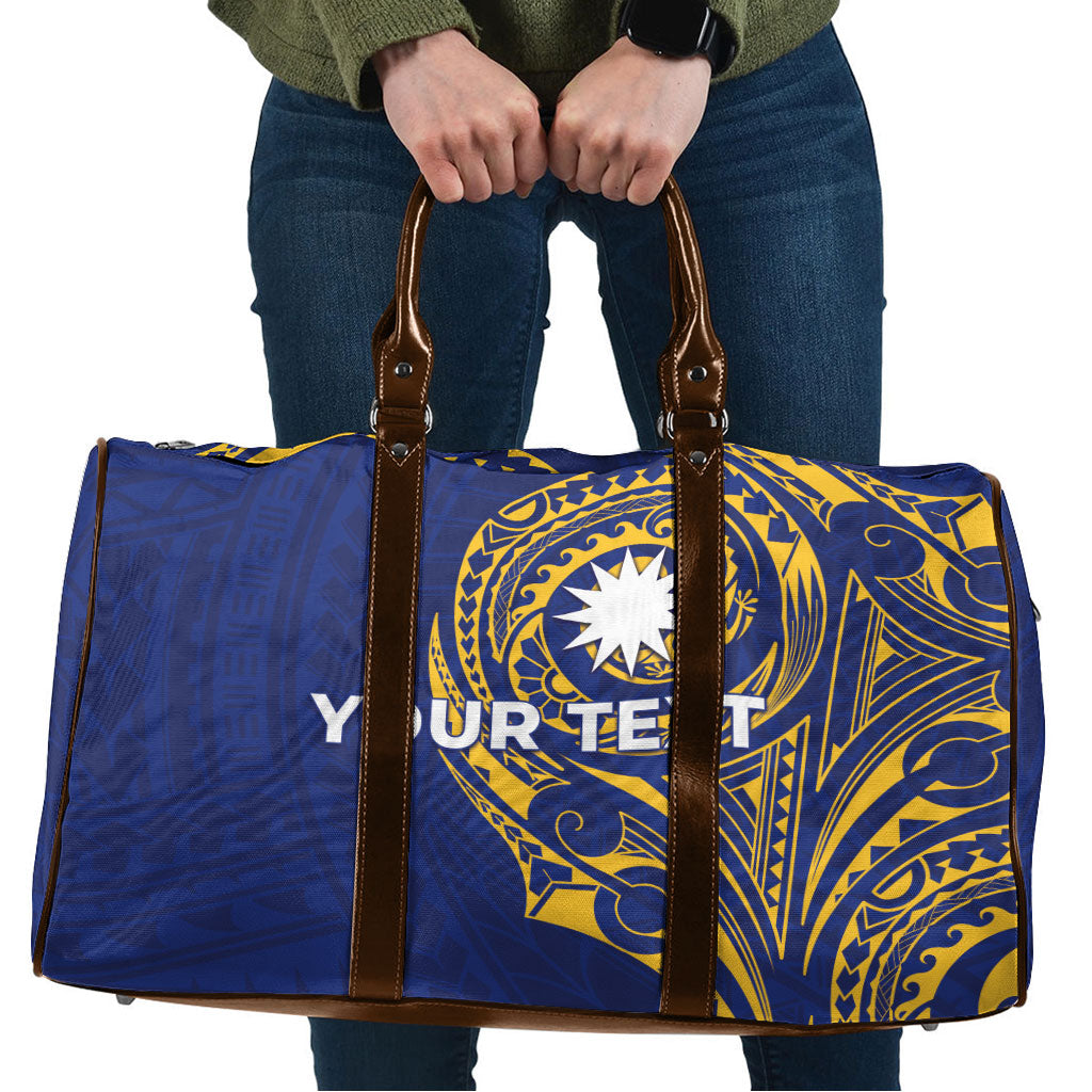 Personalised Nauru Angam Day Travel Bag Gold Navy Tribal Pattern