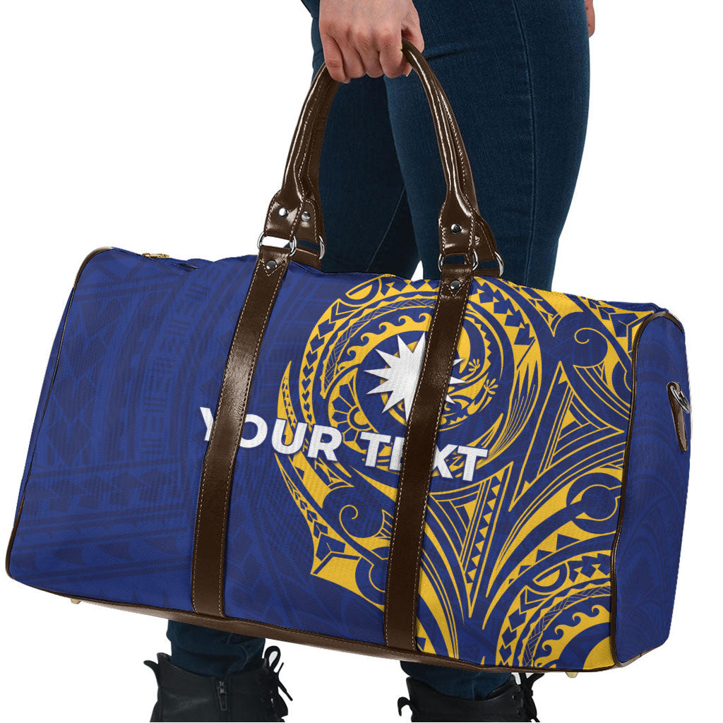 Personalised Nauru Angam Day Travel Bag Gold Navy Tribal Pattern