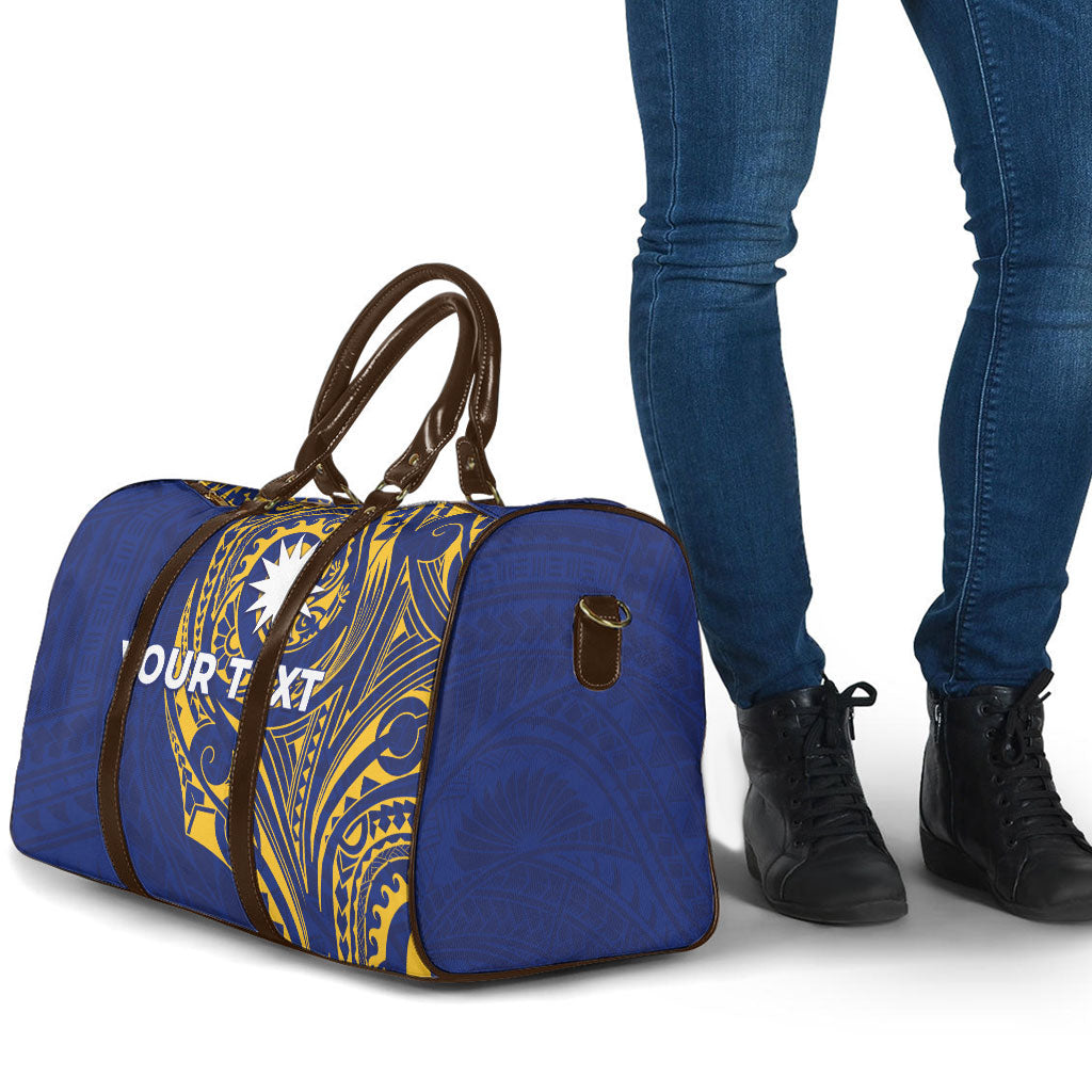 Personalised Nauru Angam Day Travel Bag Gold Navy Tribal Pattern