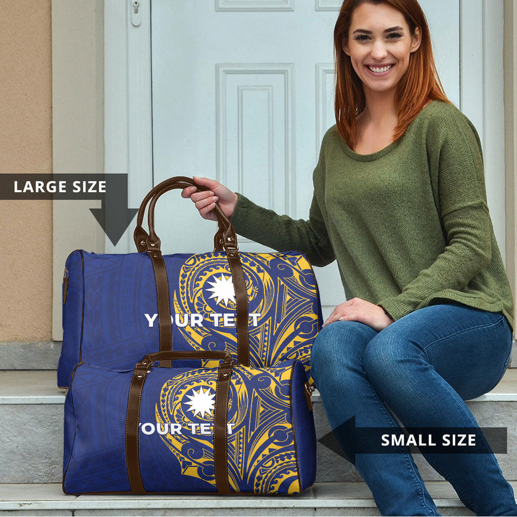 Personalised Nauru Angam Day Travel Bag Gold Navy Tribal Pattern