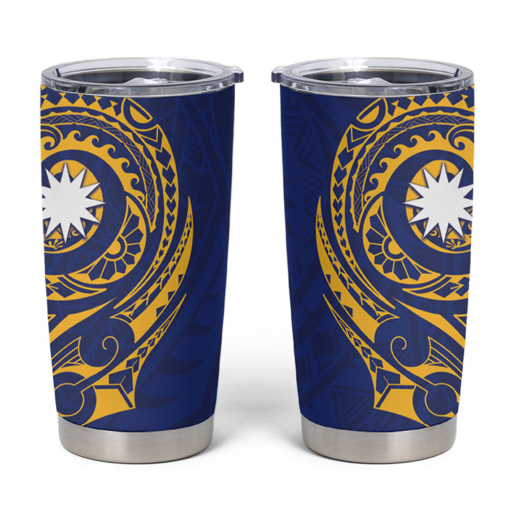Personalised Nauru Angam Day Tumbler Cup Gold Navy Tribal Pattern