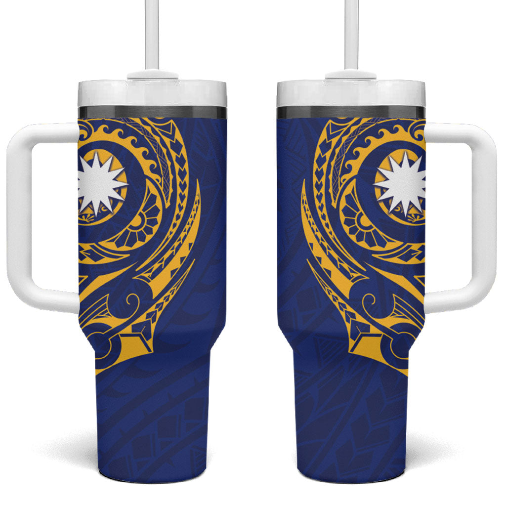 Personalised Nauru Angam Day Tumbler With Handle Gold Navy Tribal Pattern