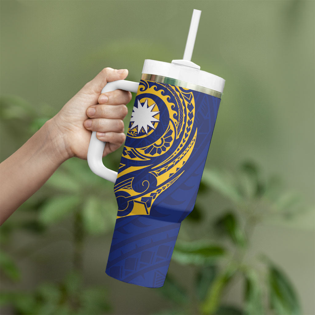 Personalised Nauru Angam Day Tumbler With Handle Gold Navy Tribal Pattern