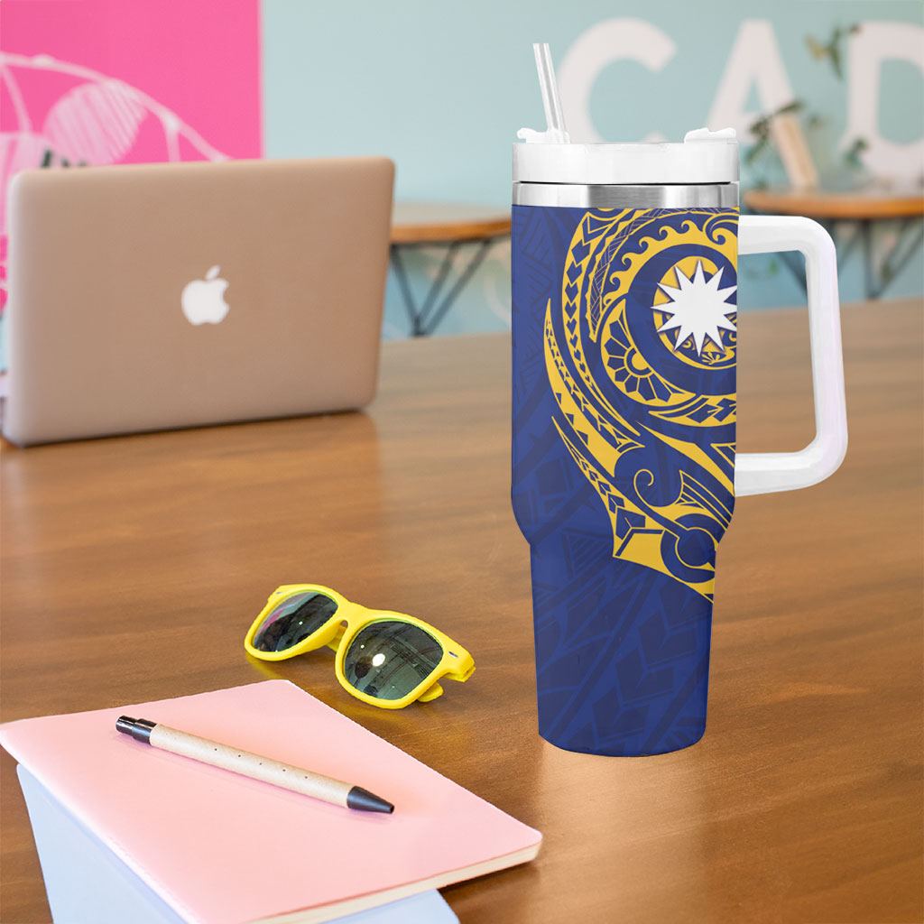 Personalised Nauru Angam Day Tumbler With Handle Gold Navy Tribal Pattern
