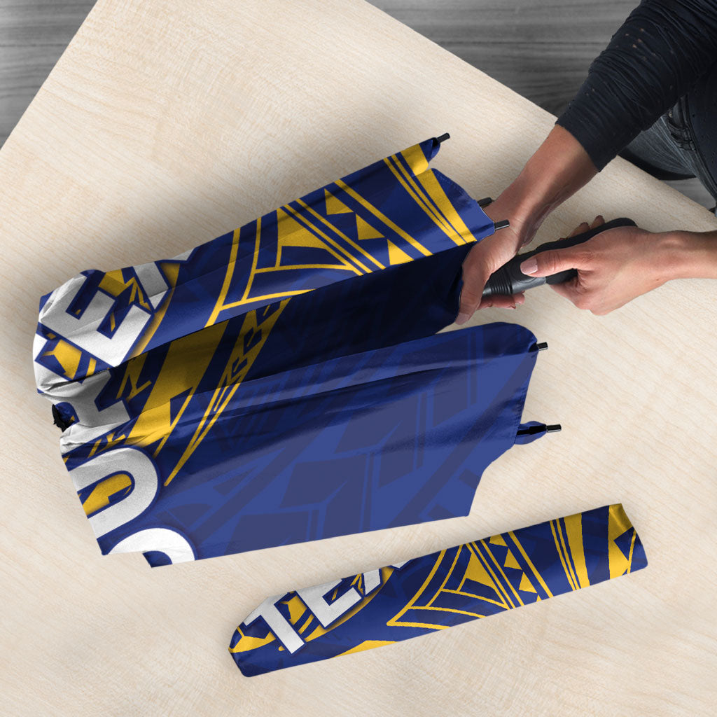 Personalised Nauru Angam Day Umbrella Gold Navy Tribal Pattern