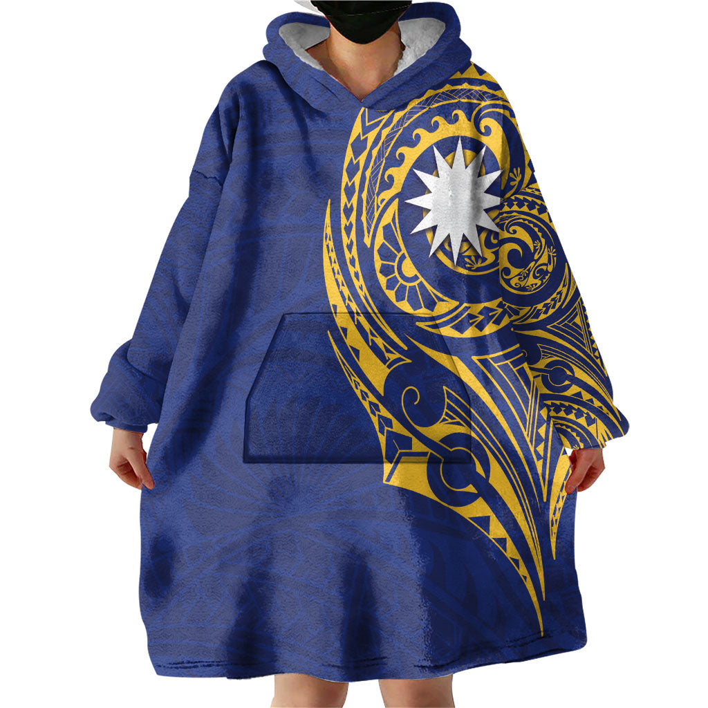 Personalised Nauru Angam Day Wearable Blanket Hoodie Gold Navy Tribal Pattern