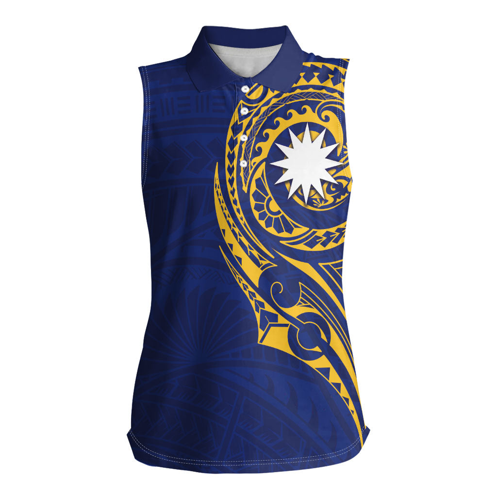 Personalised Nauru Angam Day Women Sleeveless Polo Shirt Gold Navy Tribal Pattern