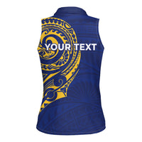 Personalised Nauru Angam Day Women Sleeveless Polo Shirt Gold Navy Tribal Pattern