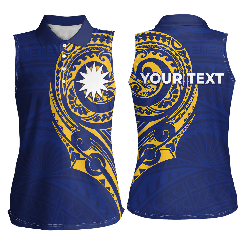Personalised Nauru Angam Day Women Sleeveless Polo Shirt Gold Navy Tribal Pattern