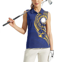 Personalised Nauru Angam Day Women Sleeveless Polo Shirt Gold Navy Tribal Pattern