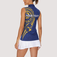 Personalised Nauru Angam Day Women Sleeveless Polo Shirt Gold Navy Tribal Pattern