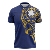 Personalised Nauru Angam Day Zipper Polo Shirt Gold Navy Tribal Pattern