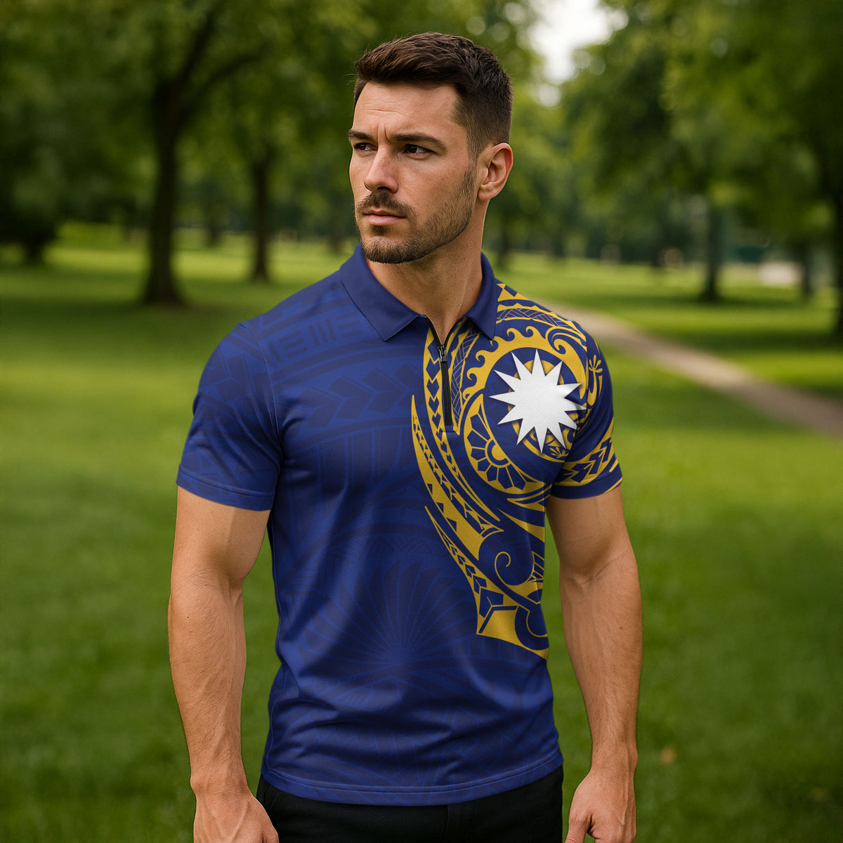 Personalised Nauru Angam Day Zipper Polo Shirt Gold Navy Tribal Pattern