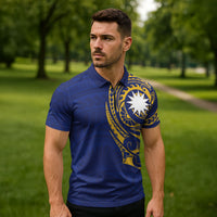 Personalised Nauru Angam Day Zipper Polo Shirt Gold Navy Tribal Pattern