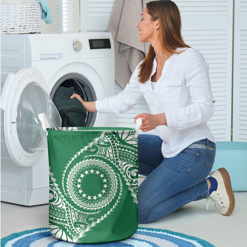 Cook Islands Gospel Day Laundry Basket Green Tribal Curves