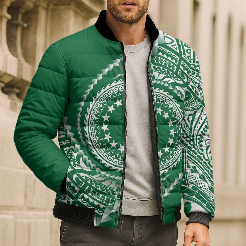 Cook Islands Gospel Day Bomber Puffer Jacket Green Tribal Curves