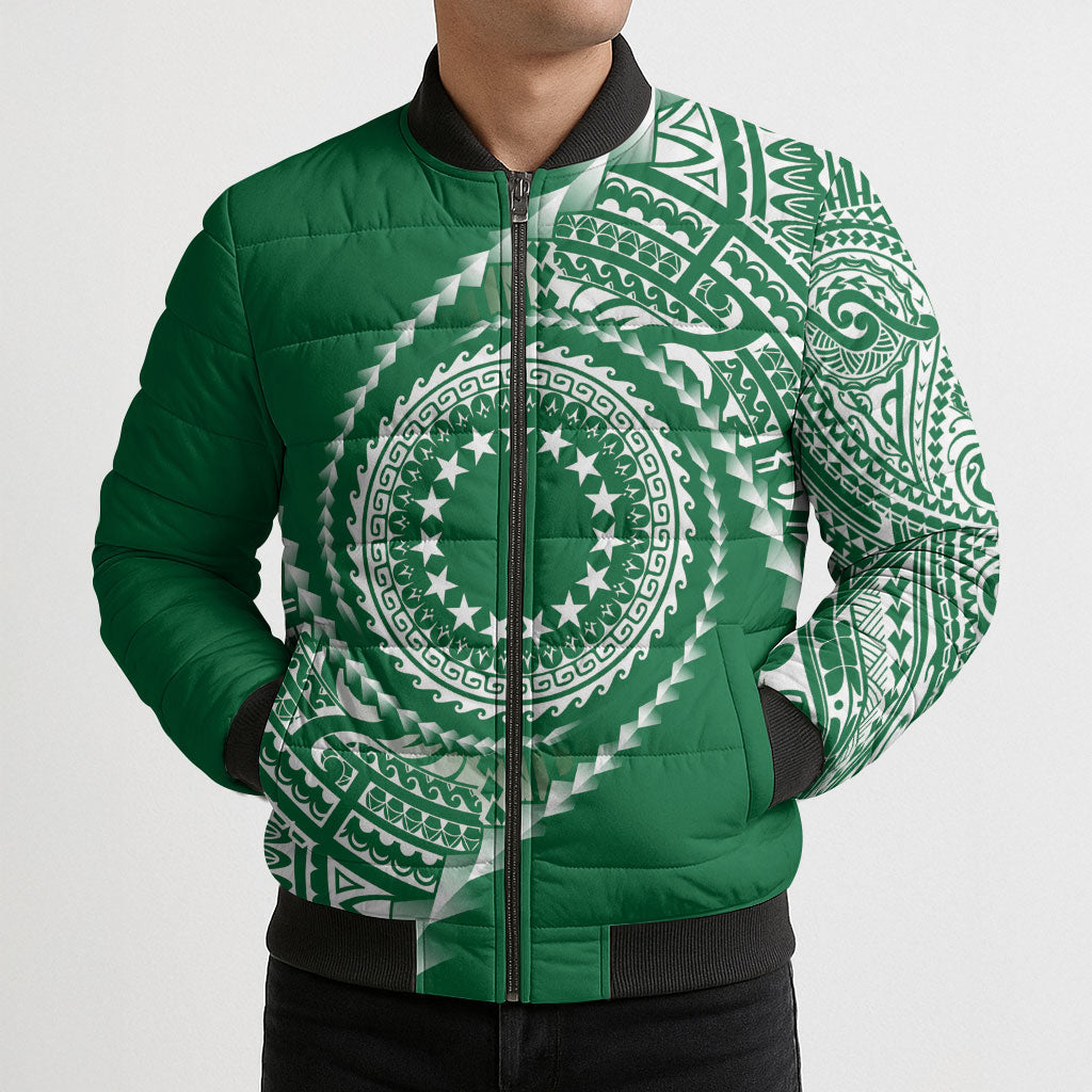 Cook Islands Gospel Day Bomber Puffer Jacket Green Tribal Curves